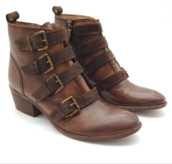 Roan by Bed Stu Zoey Tan Stacked Heel Buckle Ankle Boots Women's Size 9.5 - Picture 3 of 15
